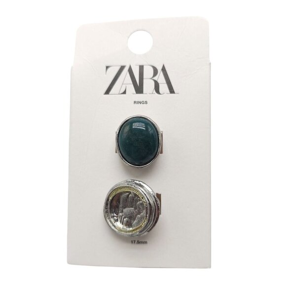 Zara Set Of 2 Silver Tone Rings With Green Size 17.5mm READ ME - Picture 1 of 4